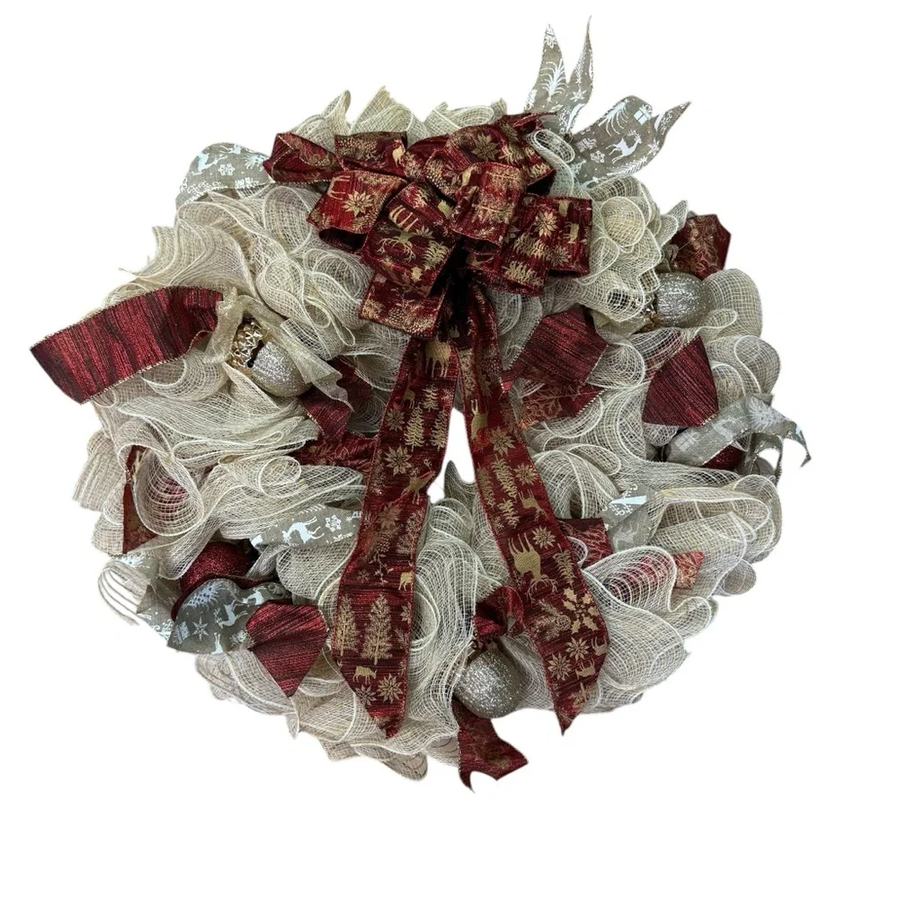 Handmade Rustic Reindeer Deco Mesh Wreath Cream, Red & Gold Holiday Decor 22
